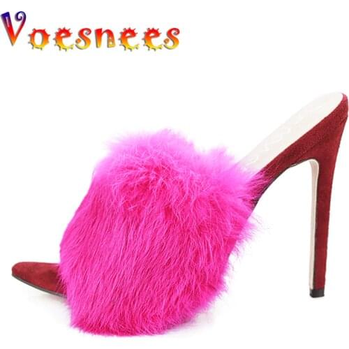 Voesnees Women Slippers Sexy High Heels 12CM Feathers Candy Color Slides plus Size Nightclub ladies Shoes Fur for women