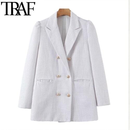 TRAF Women Fashion Double Breasted Tweed Blazer Coat Vintage Puff Sleeve Welt Pockets Female Outerwear Chic Veste