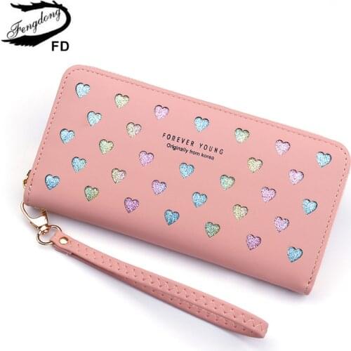 Fengdong cute polka dot leather wallet female long phone wallet zipper wallet id credit card holder New Year gifts for girls
