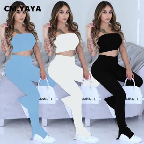 CM.YAYA Women Sets Solid Sleeveless Strapless Crop Tops Matching Empire Sheath Elastic Floor-length Flare Pants 2 Piece Set 2021