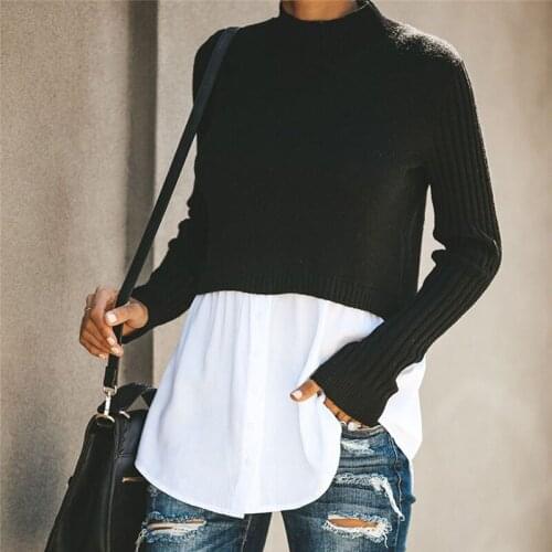 Pullover Knitted Sweater Patchwork Long Sleeve Button Women Jumper 2021 Autumn Winter sexy casual Black tops and blouse Clothing