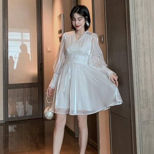 2021 New Spring High End Dress Women Satin White Black Long Lantern Sleeve V Neck A Line Dress Office Lady Elegant Party Dress