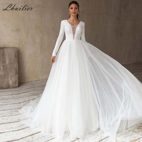 Lhuilier Womens Sexy A-Line V-neck Backless Satin Wedding Dresses 2020 Floor Length Full Sleeves Beaded Tulle Bridal Gowns