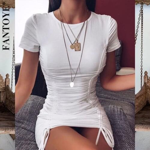 Fantoye New Ruched Fold Drawstring White Women Dress Summer Short Sleeve Mini Bodycon Party Dress Female Basic Dress Streetwear