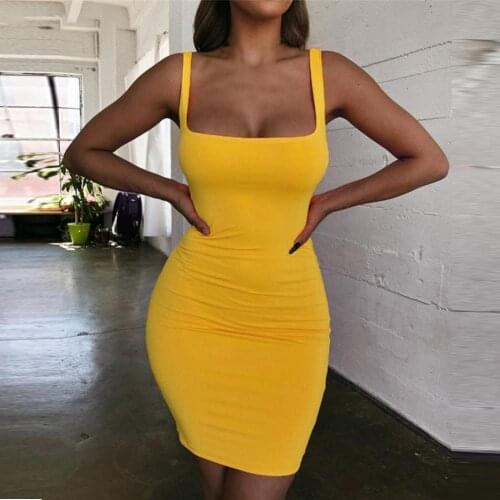 2021 Temperament Bodycon Lady Dress Solid Color Square Neck High Stretchy Summer Autumn Slim Solid Color Sling Dress Clubwear