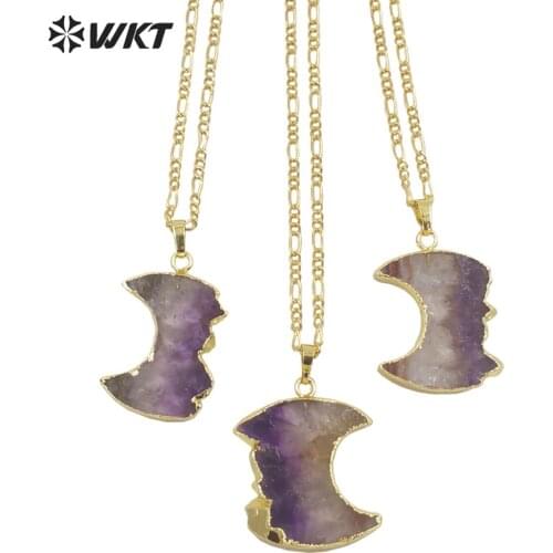 WT-N1316 Newest fashion gold trim half moon Amethyst stone necklace Hot Slice Crescent moon pendant necklace in natural