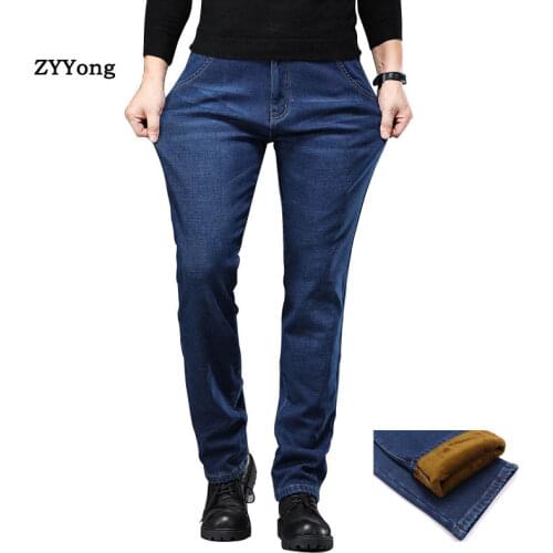 Winter Keep Warm Mens Plus Velvet Jeans Trousers Casual Loose Straight Black Blue Elasticity Classic Outdoor Denim Pants