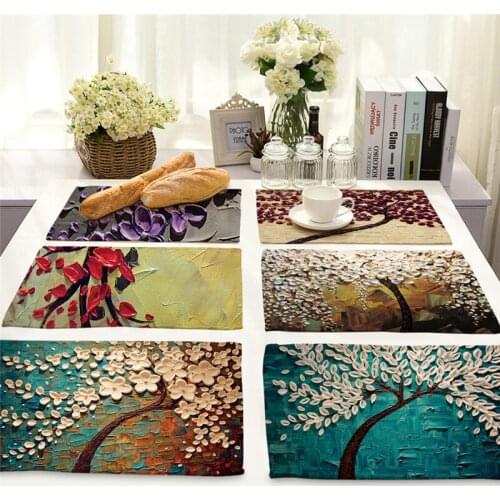 1Pcs Flower Tree Pattern Kitchen Placemat Dining Table Mat Drink Coaster Cotton Linen Pad Bowl Cup Mat 42*32cm Home Decor MP0016