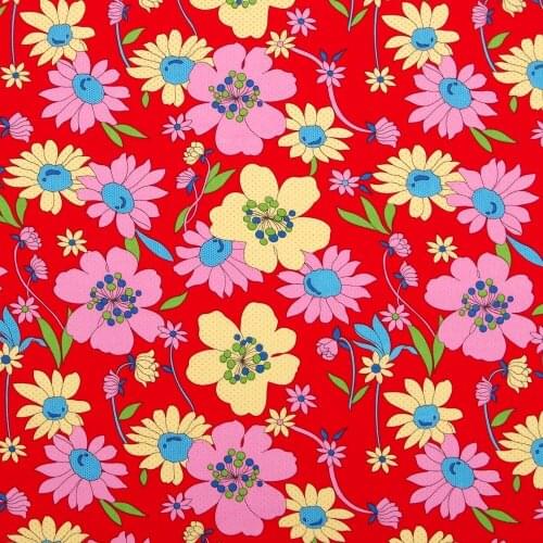 1 Yard Cotton Poplin Fabric for Sewing Patchwork, Dress, Cloth - Yellow and Pink Flowers on Red Background (width=140cm)