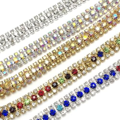 10Yards Colorful Rhinestone Chain Base Cup Crystals Trim 3 Rows For Sewing DIY Garment Accessories