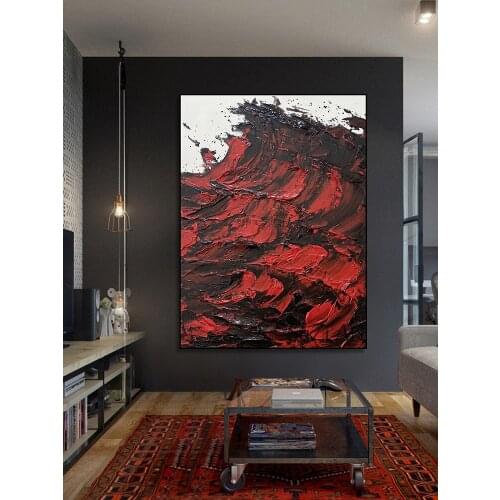 100% Hand Painted Abstract Oil Painting Three-Dimensional Red black Sea Waves Modern Wall Art Luxury Picture for Living Room