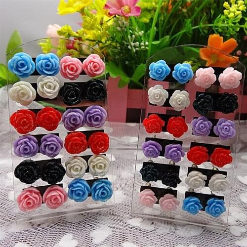 12 Pairs Mystic Rose Stud Earrings Mixed Color Flower Earrings Wholesale