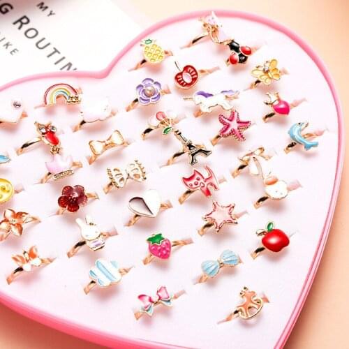 36Pcs/set Cute Adjustable Kids Rings Flower Animal Resin Alloy Cartoon Ring For Girls Jewelry Pretend Play Makeup Toys Gift
