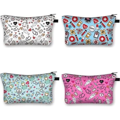 Angel In White Nurse Electrocardiogram Printing Ladies Makeup Bag Nurse Girls Storage Bag Fashion Cosmetic Case Gift