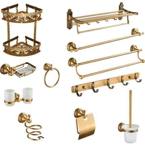 Antique Brass Bathroom Accessories Set Shelf Towel Bar Cup Holders Hairdryer Rack Tissue Holder Roll Paper Holder Soap Dish