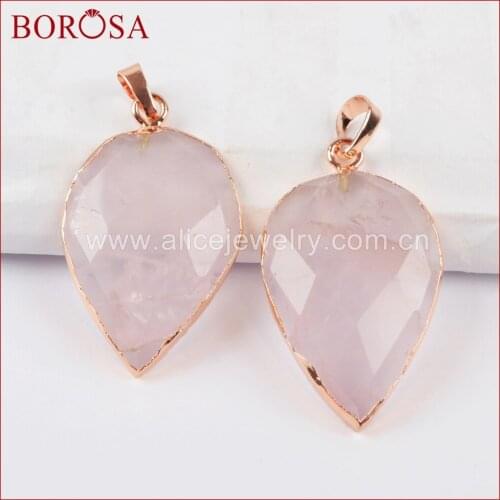 BOROSA Pink Quartz Rose Pendant Natural Gems Stone Rose Golden Color Pendants For Women Pink Quartz Cute Pendants Jewelry WX803