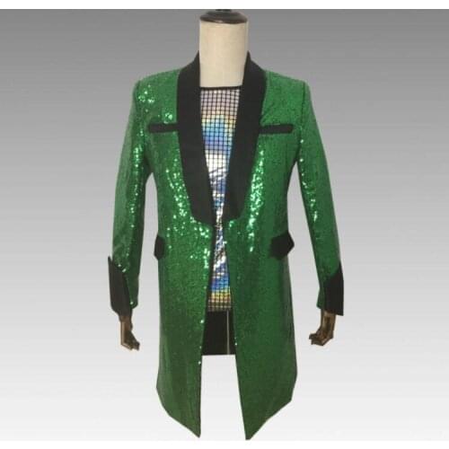 Long clothes men suits designs masculino homme terno stage singers jacket men sequins blazer dance star style dress punk green