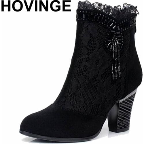 HOVINGE Genuine leather female spring and autumn boots high heels shoes net Ankle boots lace womens shoes