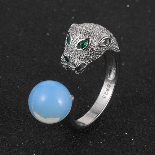 Cute Animal Leopard Head With Natural Stone Bead Rings Men Women Punk Rock Silver Plated Adjustable Finger Ring 2020 New Jewelry