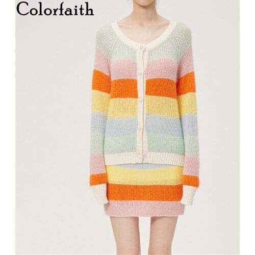 Colorfaith 2021 New Autumn Winter Woman Sets Two Pieces Mini Skirts Rainbow Cardigans Knitting Vintage Elegant Suits WS3127JX