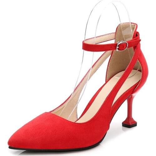 Summer Big Size Flock Shoes Sandals Women Party Fashion Shallow Pointed Toe Ankle Strap Thin High Heels Shoes For Woman DB0051