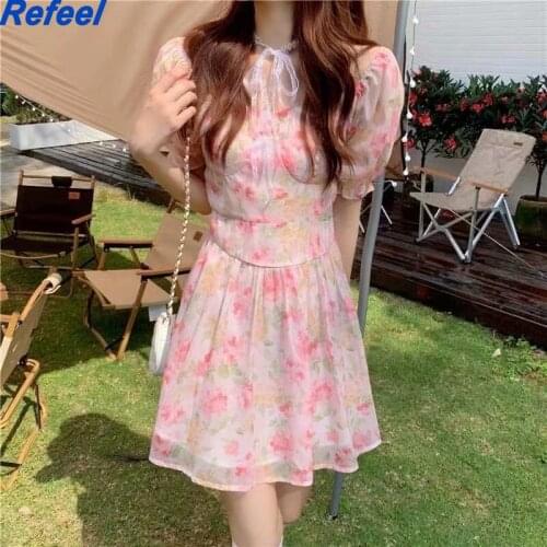 Sweet Women Romantic Floral Print Ladies Dress Sexy Collar Puff Sleeve A-line Summer Holiday Party Dress Short Vestido