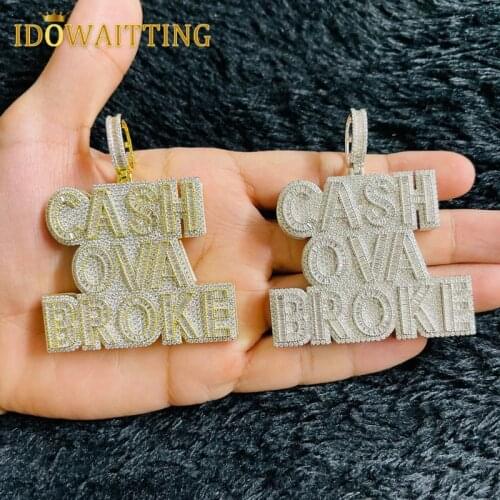 Letter Cash Ova Broke Pendant Necklace Hiphop Rock Iced Out Bling 5A CZ Silver Color Gold Plated Tennis Chain Jewelry Mens