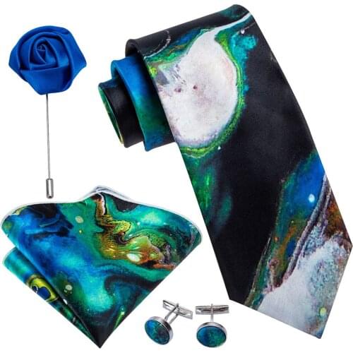 Blue Green Print Men Tie Silk Necktie Brooch Handkerchief Cufflinks Set Fashion Designer Ties For Men Groom Gift Dropshipping