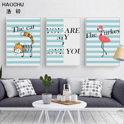 HAOCHU Nordic Wall Picture Kids Room Decor Abstract Stripe Animal Design Flamingo Turkey Cat Print Canvas Painting