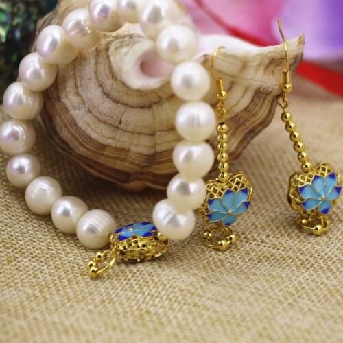 Natural 10-11mm white pearl beads strand bracelets dangle earrings for women gold-color cloisonne diy jewelry set 7.5inch B3102