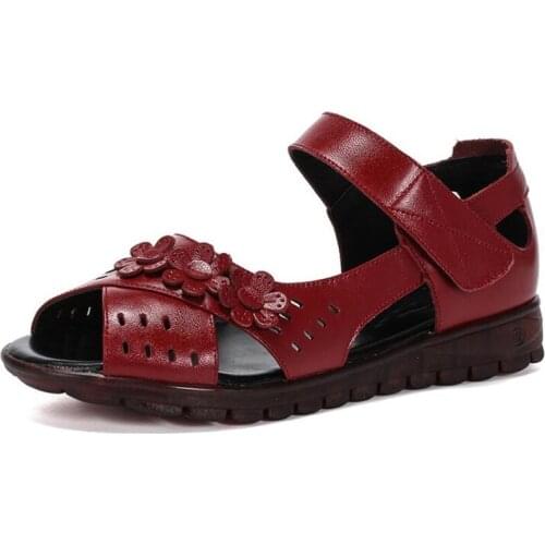 2020 New Summer Open Toe Flowers Genuine Leather Sandals Fashion Casual Sandals Comfort Soft Bottom Flat Sandals Women Sandals