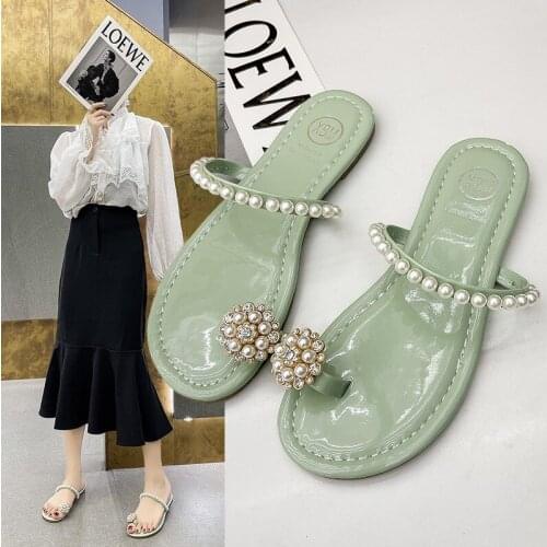 2021 Summer Sexy Girl Pearls Flat Women Slides Indoor Outdoor Beach Woman Slippers Fashion Shoes for Women Sandals Flip Flops