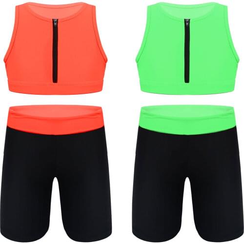 Summer Clothes Girls Dance Sport Suit Sleeveless Zipper Tank Crop Top and Breathable Sports Shorts for Running Gym Yoga Exercise