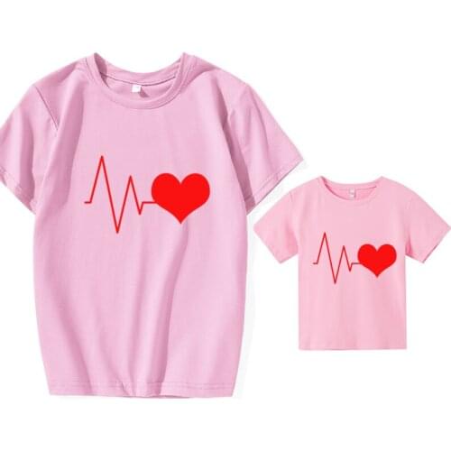Red Print Short Sleeve Tops Outfits Love Family Matching Clothes Cotton Mother Father Daughter Son Kids Baby T-shirt