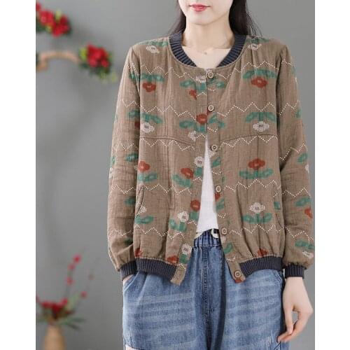 Retro Cotton Linen Printed Short Jacket Womens 2021 Spring Autumn Long Sleeve Loose Plus Size Thin Cardigan Female Coat aq526