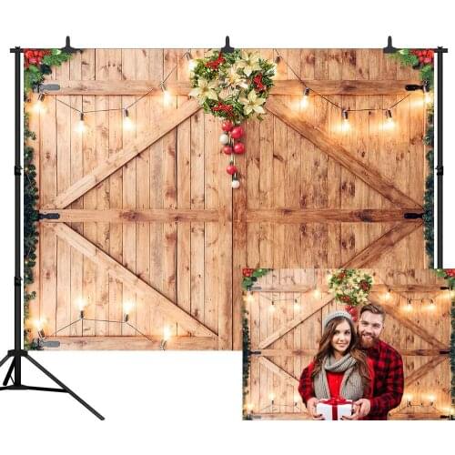 Neoback Christmas Decor on Rustic Barn Door Backdrop Wooden Board Photography Seamless Vinyl Photo Background Studio Prop fonda