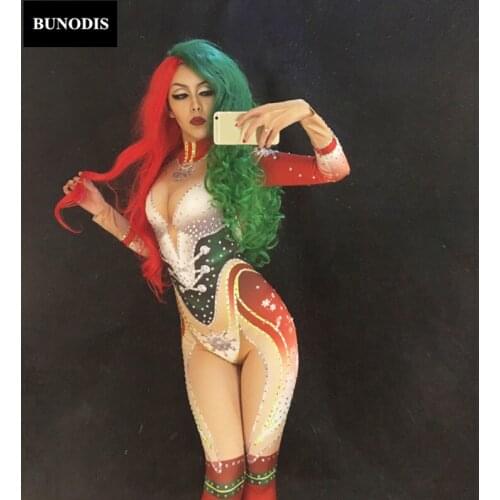 ZD080 Lasetest Christmas Sexy Bodysuit Sparkling Crystals Jumpsuit Christmas Party Nightclub Stage Costume Women Sexy Clothing