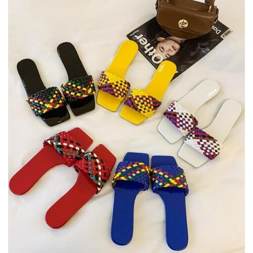 Retro Woven Womens Slippers PU Leather Sandals Summer Non-slip Wear-resistant Flip Flops Casual Sandy Beach Flat Bottom Shoes