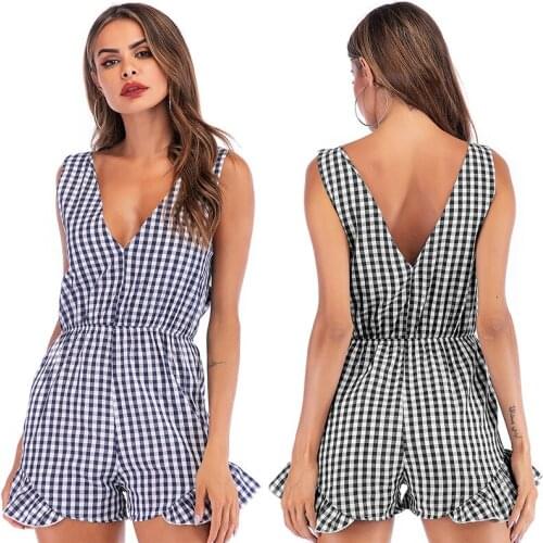 Leosoxs 2021 Summer New Womens Fashion Sexy Plaid Deep V Neck Bow Sleeveless Backless Tunic Playsuits Ladies Casual Flare Pants