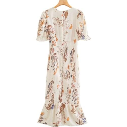 2021 Summer Women Vintage Short Sleeve Back Zipper Female Vestidos Dresses Fashion Floral Print Ruffled Sheath Midi Dress