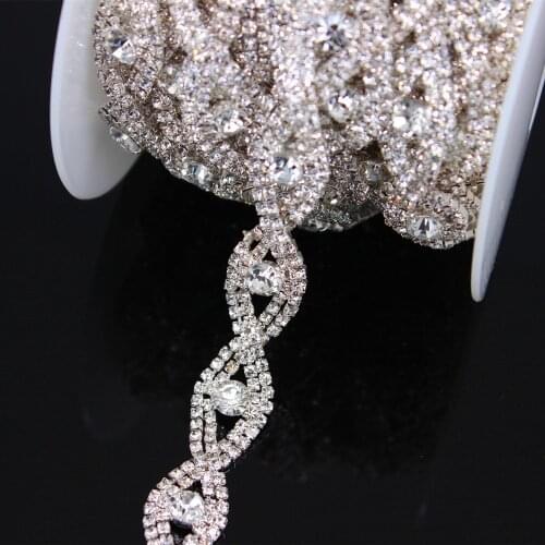 1Yard Handmade sewing rhinestone trimming bridal crystal clear rhinestone patch appliques for wedding dress belt DIY sew on