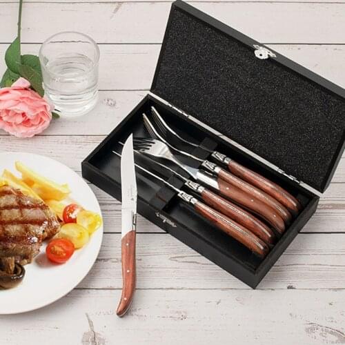 6pcs Laguiole Cutlery Steak Knives Forks Rose Wood Handle Tableware set Stainless steel Dinner Knife Fork Set Restaurant 8.7