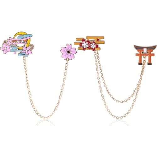 Chinese Style Metal Chain Brooches Sakura Flower Palace Enamel Pins Women Denim Shirt Collar Bag Fahsion Lapel Pin Badge Jewelry