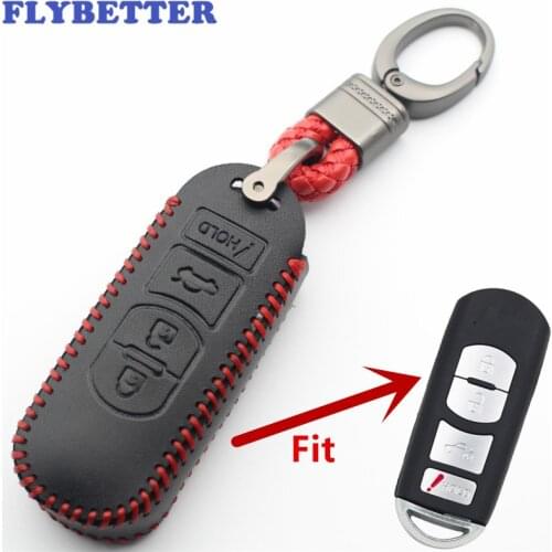 FLYBETTER Genuine Leather 4Button Key Fob Protector Keyless Entry Holder Cover For Mazda M3/M6/CX-7/CX-9 L419