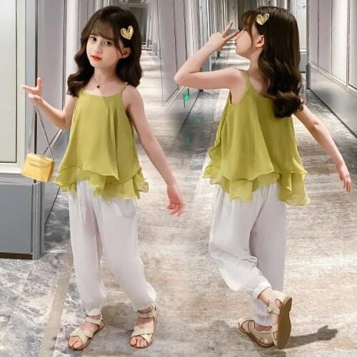 Baby Girl Clothes Summer Kids Fashion Strap Tops and Pants Two Piece Set Children Suit Chiffon Girls Outfits 4 5 8 9 10 12 Years