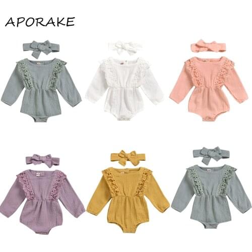 2020 0-18M Infant Baby Girl Romper Headband 2pcs Autumn Solid Color Lace Ruffle Jumpsuit Cotton Linen Clothes Outfits