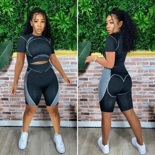 Patchwork Fitness Casual Crop Top + Biker Shorts Tracksuit 2 Piece Sets Womens Outfits Elastic Bodycon Matching Set Summer