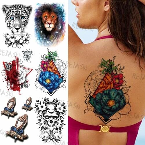 Lace Geometric Color Flower Temporary Tattoos For Women Men Realistic Fake Lion Leopard Skull Christ Tatoos Back Tattoo Stickers