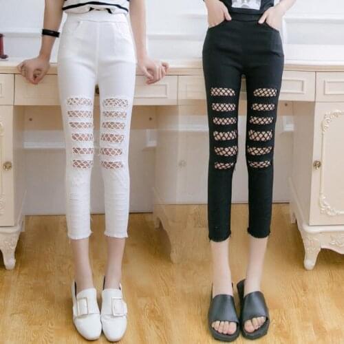 Summer Stretch Denim Pants Women New Fashion Ripped Mesh Calf-Length Pants Plus size S-5XL Black White Jeans Women Pencil Pants
