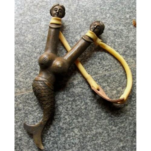 Copper Brass CHINESE crafts Asian 7.3 inch / Elaborate Interesting Chinese mermaid mermaid head handle ejection slingshot